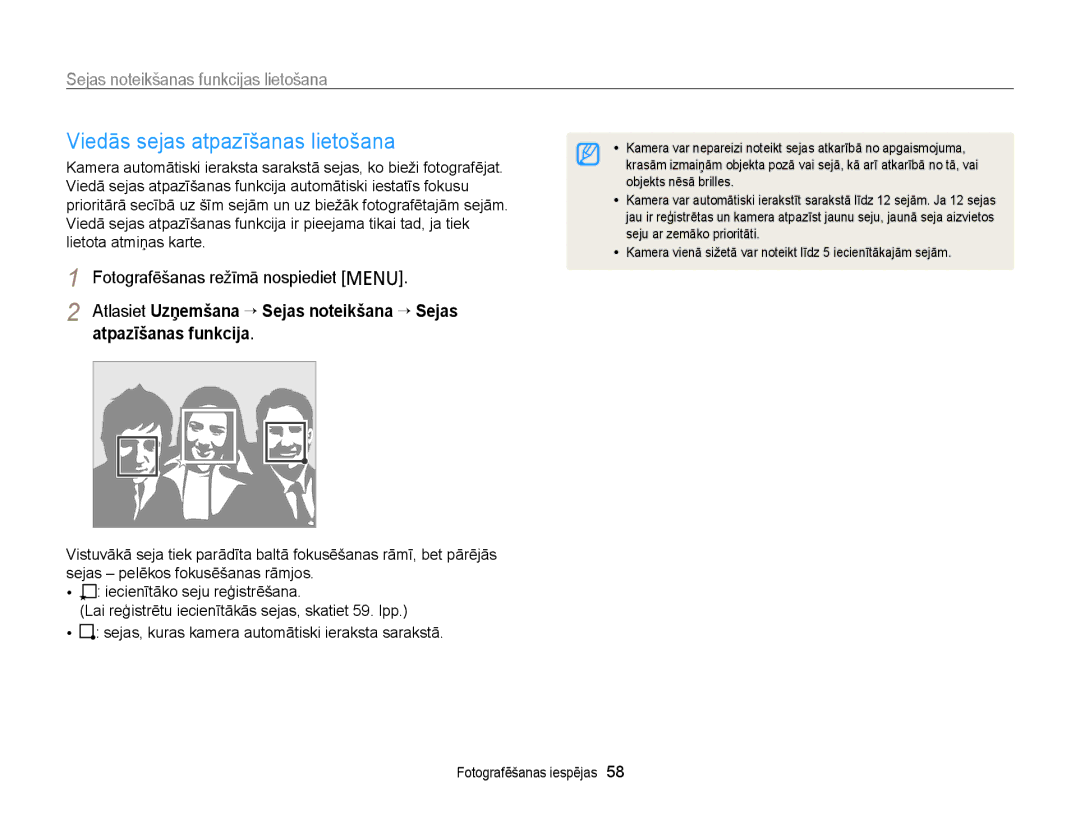 Samsung EC-PL120ZBPBE2, EC-PL20ZZBPSE2, EC-PL210ZBPBE2, EC-PL20ZZBPBE2, EC-PL120ZFPBE2 Viedās sejas atpazīšanas lietošana 