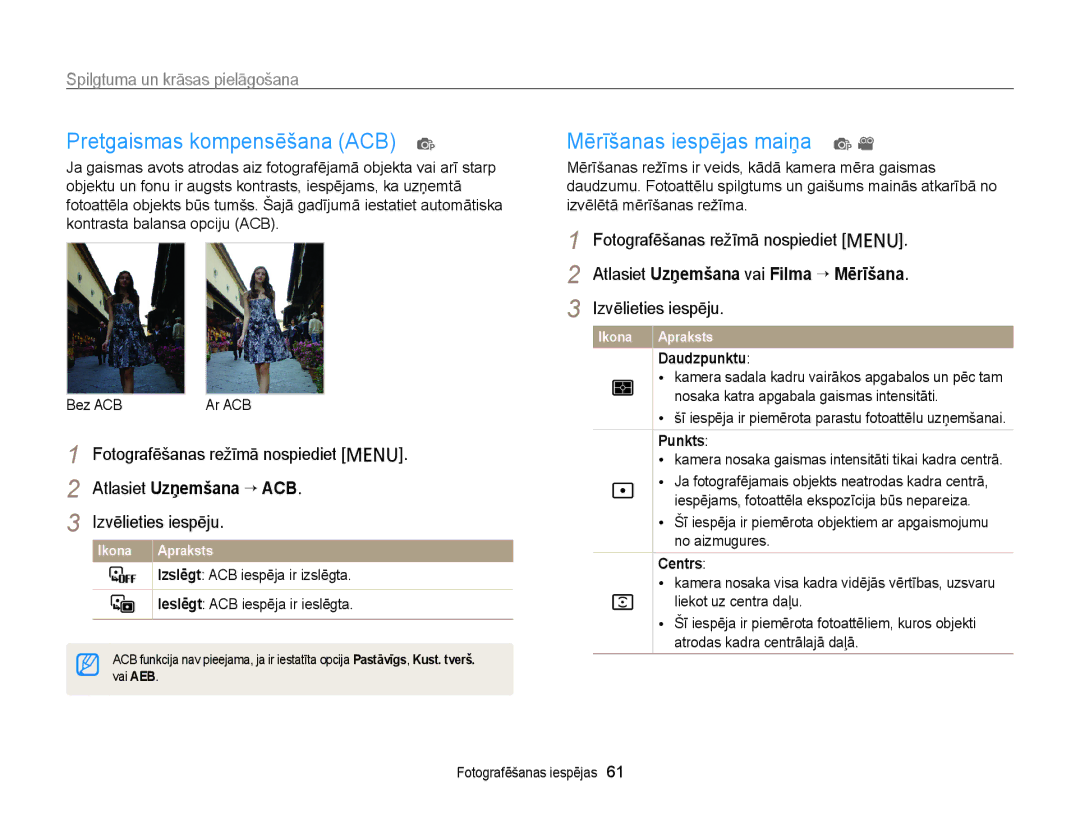 Samsung EC-PL20ZZBPBE2 manual Pretgaismas kompensēšana ACB p, Mērīšanas iespējas maiņa p, Spilgtuma un krāsas pielāgošana 