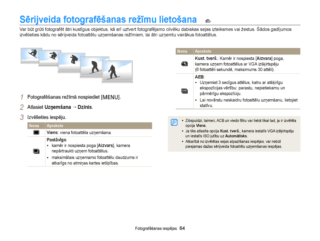 Samsung EC-PL20ZZBPSE2, EC-PL210ZBPBE2, EC-PL20ZZBPBE2, EC-PL120ZFPBE2, EC-PL120ZBPBE2 Atlasiet Uzņemšana “ Dzinis, Pastāvīgs 