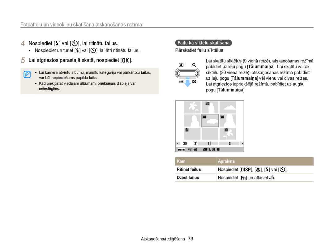 Samsung EC-PL120ZBPBE2 manual Lai atgrieztos parastajā skatā, nospiediet o, Failu kā sīktēlu skatīšana, Pogu Tālummaiņa 