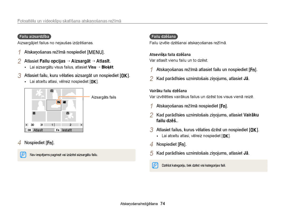 Samsung EC-PL20ZZBPSE2, EC-PL210ZBPBE2 manual Atlasiet Failu opcijas “ Aizsargāt “ Atlasīt, Failu aizsardzība, Failu dzēšana 