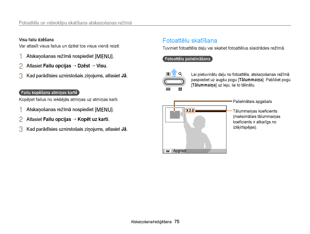 Samsung EC-PL210ZBPBE2 manual Fotoattēlu skatīšana, Atlasiet Failu opcijas “ Dzēst “ Visu, Failu kopēšana atmiņas kartē 