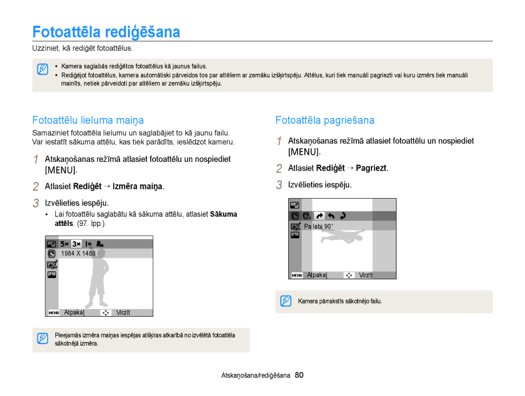 Samsung EC-PL210ZBPBE2 Fotoattēla rediģēšana, Fotoattēlu lieluma maiņa, Fotoattēla pagriešana, Atlasiet Rediģēt “ Pagriezt 