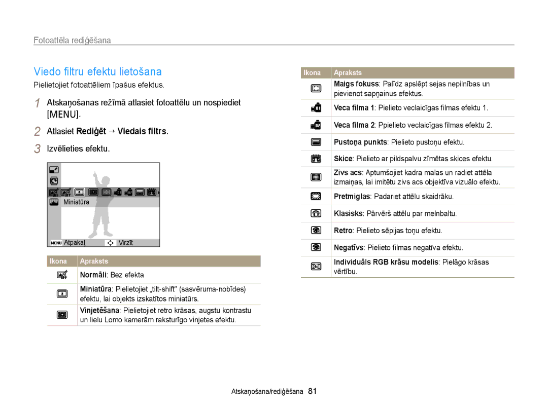 Samsung EC-PL20ZZBPBE2 manual Viedo ﬁltru efektu lietošana, Fotoattēla rediģēšana, Atlasiet Rediģēt “ Viedais ﬁltrs 