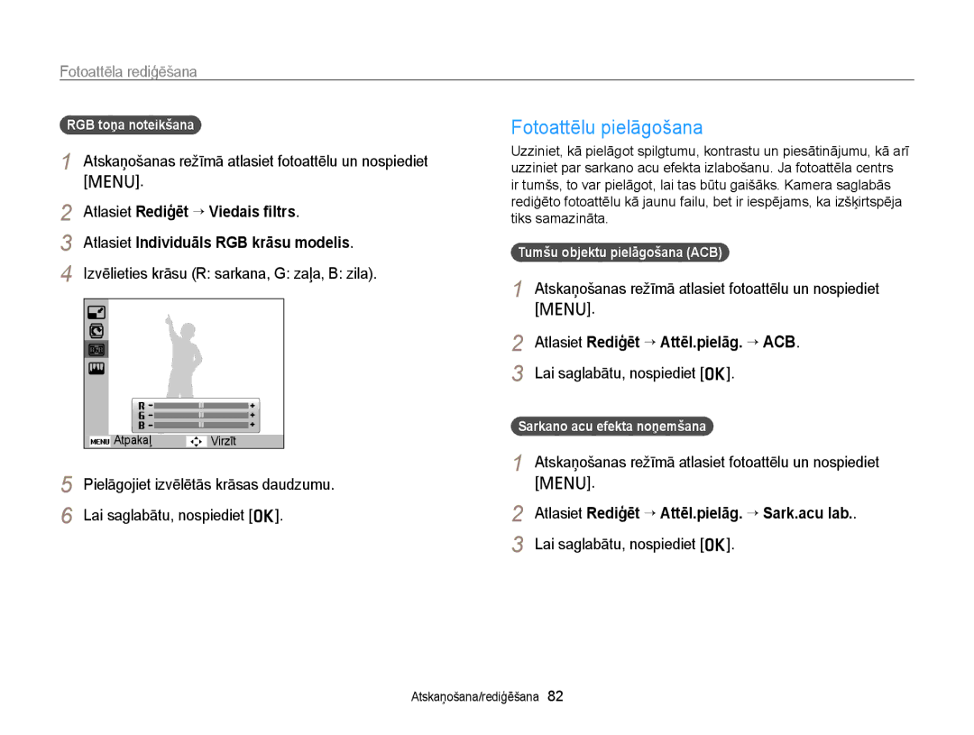 Samsung EC-PL120ZFPBE2, EC-PL20ZZBPSE2, EC-PL210ZBPBE2 manual Fotoattēlu pielāgošana, Atlasiet Individuāls RGB krāsu modelis 