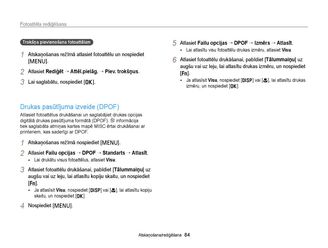 Samsung EC-PL20ZZBPSE2, EC-PL210ZBPBE2 Drukas pasūtījuma izveide Dpof, Atlasiet Rediģēt “ Attēl.pielāg. “ Piev. trokšņus 