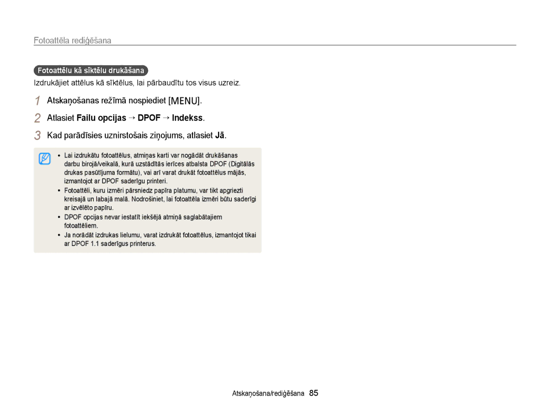 Samsung EC-PL210ZBPBE2, EC-PL20ZZBPSE2 manual Atlasiet Failu opcijas “ Dpof “ Indekss, Fotoattēlu kā sīktēlu drukāšana 