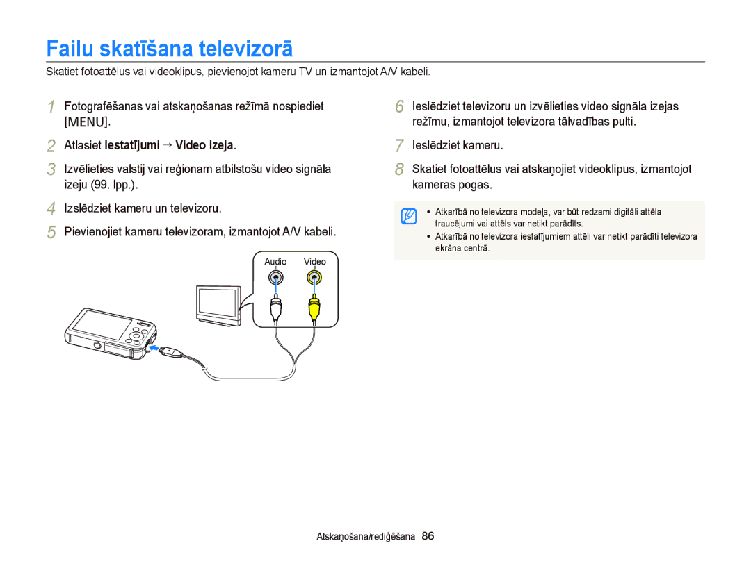 Samsung EC-PL20ZZBPBE2, EC-PL20ZZBPSE2, EC-PL210ZBPBE2 manual Failu skatīšana televizorā, Atlasiet Iestatījumi “ Video izeja 