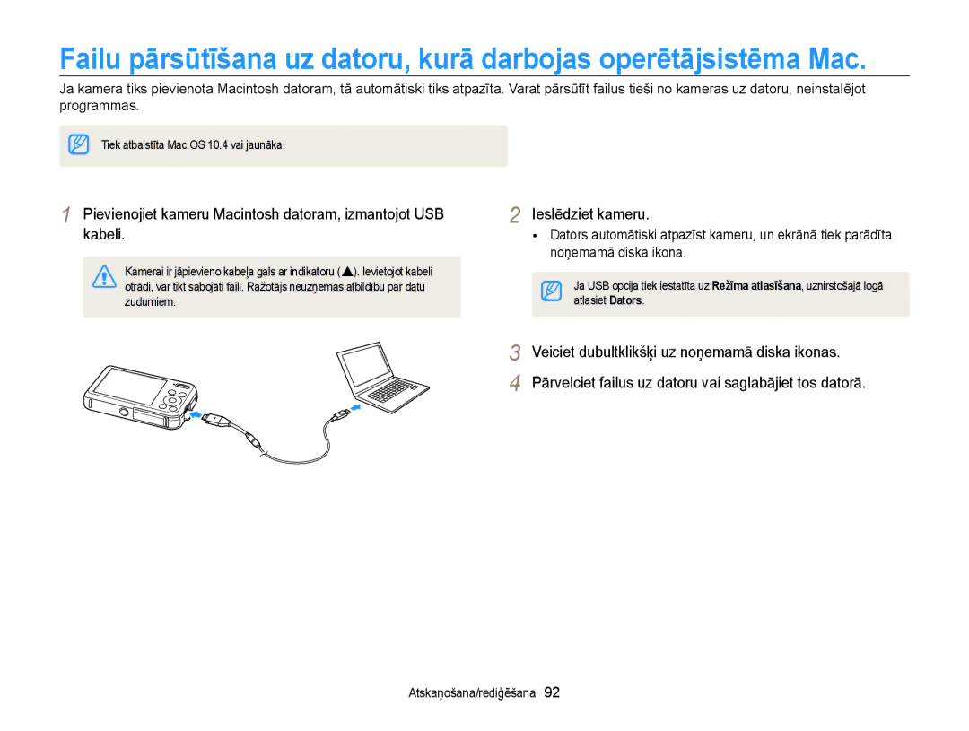 Samsung EC-PL120ZFPBE2, EC-PL20ZZBPSE2, EC-PL210ZBPBE2 manual Pievienojiet kameru Macintosh datoram, izmantojot USB kabeli 