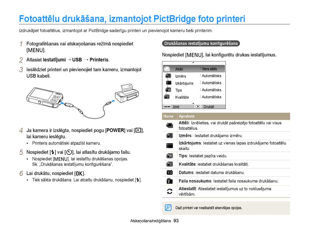 Samsung EC-PL120ZBPBE2 Fotoattēlu drukāšana, izmantojot PictBridge foto printeri, Atlasiet Iestatījumi “ USB “ Printeris 