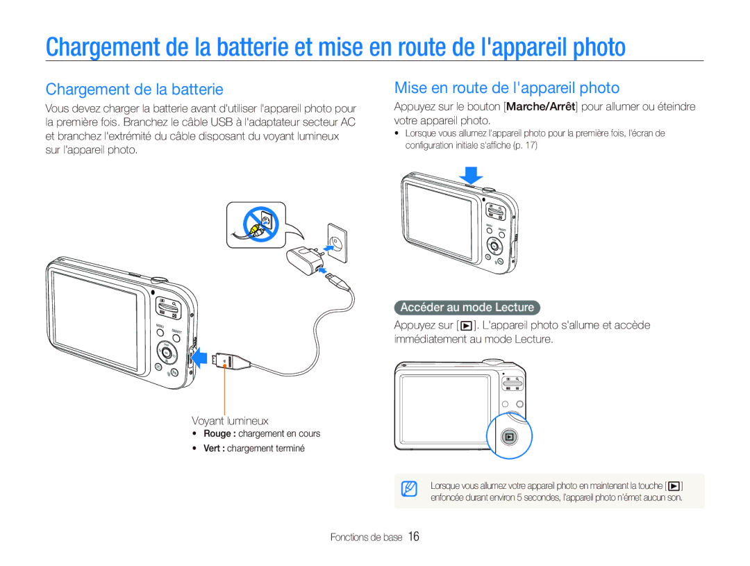 Samsung EC-PL121ZFDBE1 manual Chargement de la batterie, Mise en route de lappareil photo, Accéder au mode Lecture 