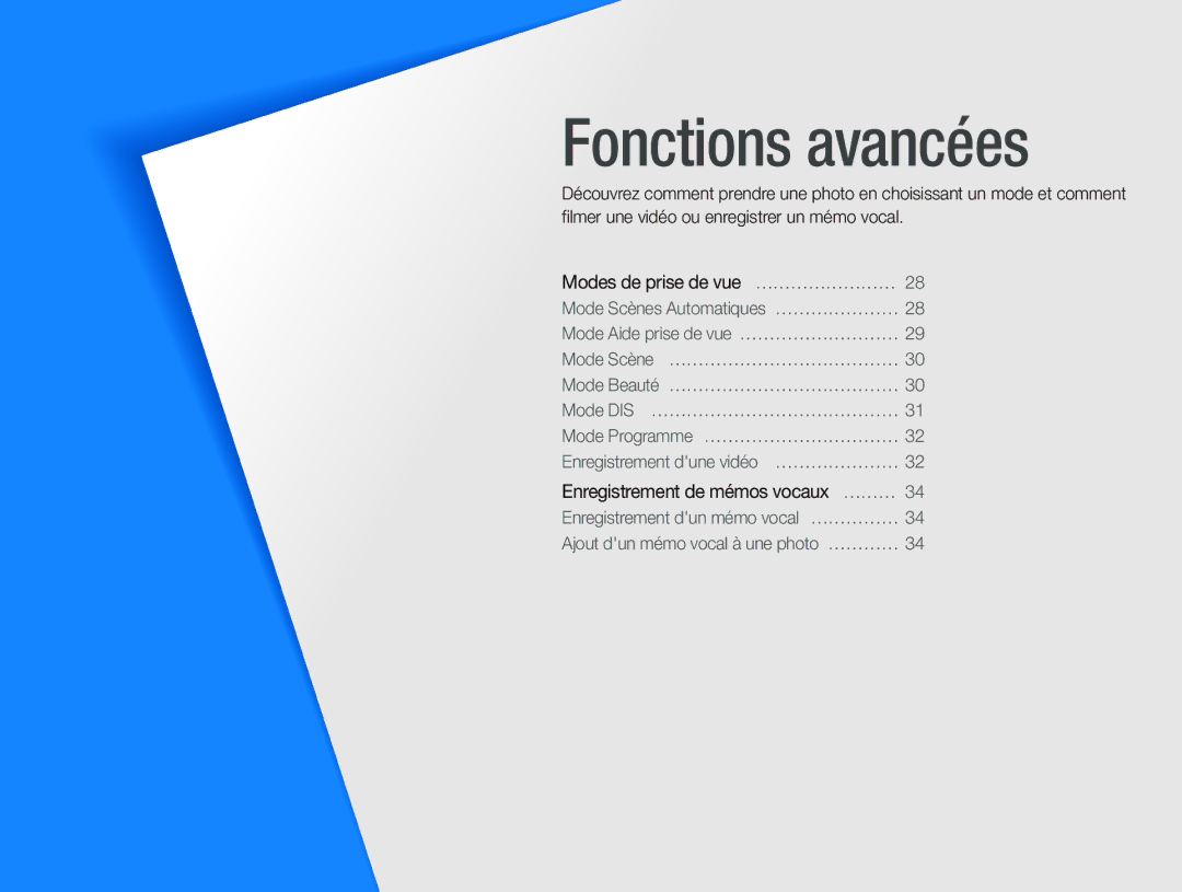 Samsung EC-PL20ZZBPBE1, EC-PL20ZZDPSZA, EC-PL20ZZDPBZA, EC-PL20ZZBPRE1, EC-PL121ZBDBE1, EC-PL121ZFDBE1 manual Fonctions avancées 