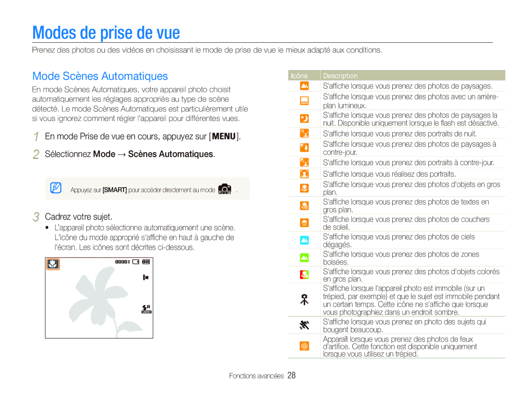 Samsung EC-PL121ZFDBE1, EC-PL20ZZDPSZA, EC-PL20ZZDPBZA Modes de prise de vue, Sélectionnez Mode Scènes Automatiques 