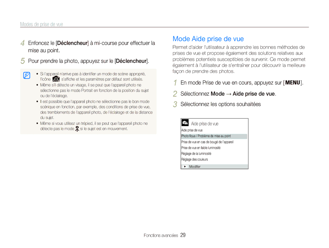 Samsung EC-PL20ZZDPSZA, EC-PL20ZZDPBZA, EC-PL20ZZBPRE1, EC-PL121ZBDBE1 manual Mode Aide prise de vue, Modes de prise de vue 