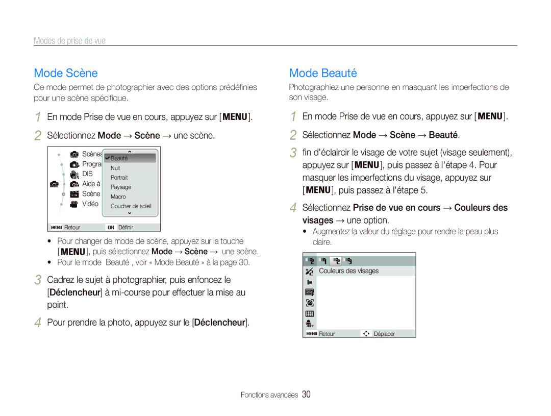 Samsung EC-PL20ZZDPBZA, EC-PL20ZZDPSZA Mode Scène, Mode Beauté, Scène Beauté, Puis passez à létape, Visages une option 