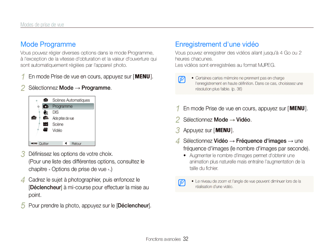 Samsung EC-PL121ZBDBE1, EC-PL20ZZDPSZA, EC-PL20ZZDPBZA, EC-PL20ZZBPRE1 manual Mode Programme, Enregistrement dune vidéo 