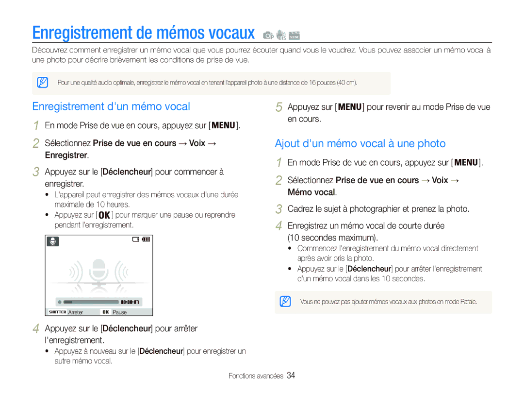 Samsung EC-PL121ZFDBE1 Enregistrement de mémos vocaux, Enregistrement dun mémo vocal, Ajout dun mémo vocal à une photo 