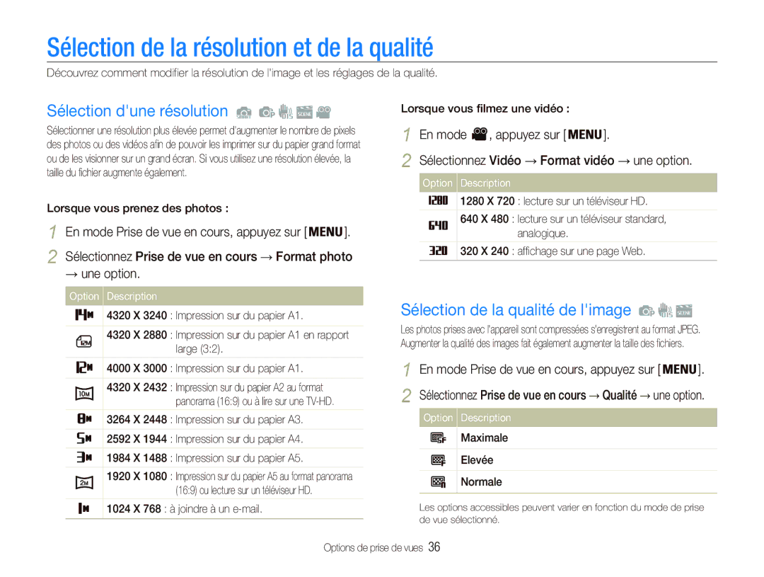 Samsung EC-PL20ZZDPBZA, EC-PL20ZZDPSZA manual Sélection de la résolution et de la qualité, Sélection dune résolution 