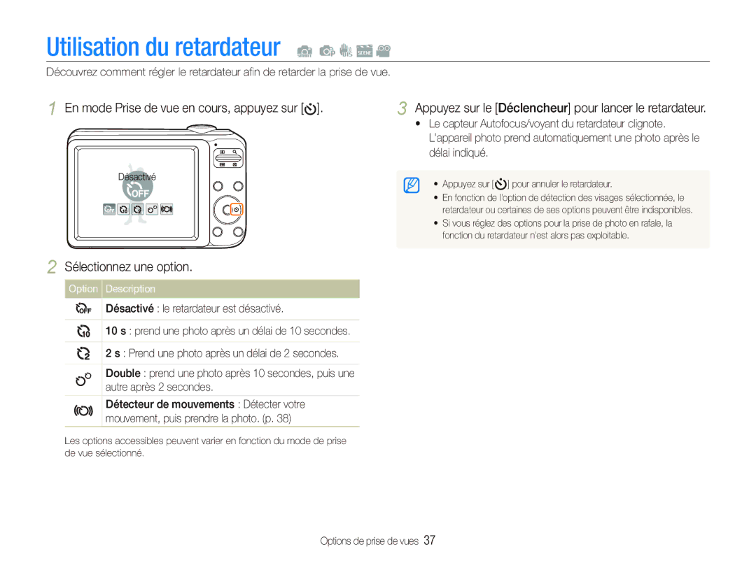 Samsung EC-PL20ZZBPRE1, EC-PL20ZZDPSZA, EC-PL20ZZDPBZA, EC-PL121ZBDBE1 Utilisation du retardateur, Sélectionnez une option 