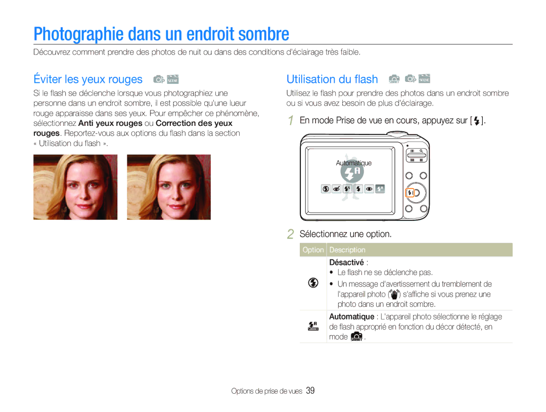 Samsung EC-PL20ZZBPBE1, EC-PL20ZZDPSZA Photographie dans un endroit sombre, Éviter les yeux rouges, Utilisation du flash 