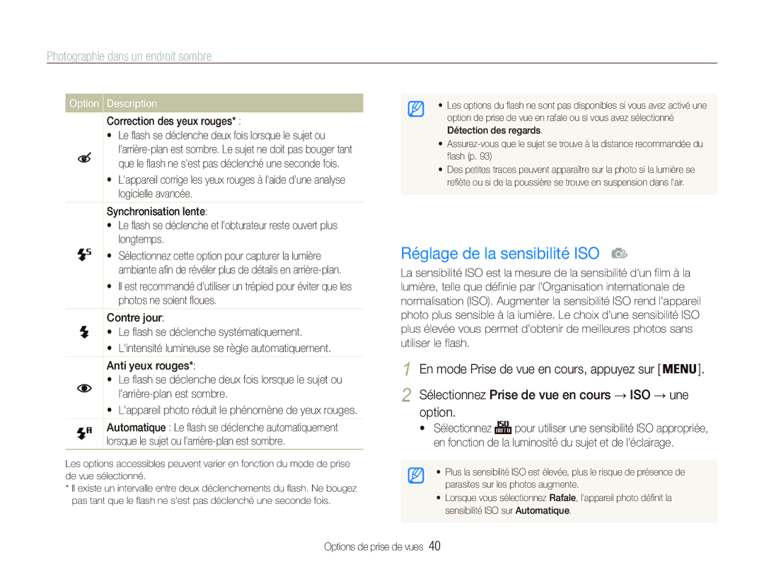 Samsung EC-PL121ZFDBE1, EC-PL20ZZDPSZA manual Réglage de la sensibilité ISO, Photographie dans un endroit sombre, Option 