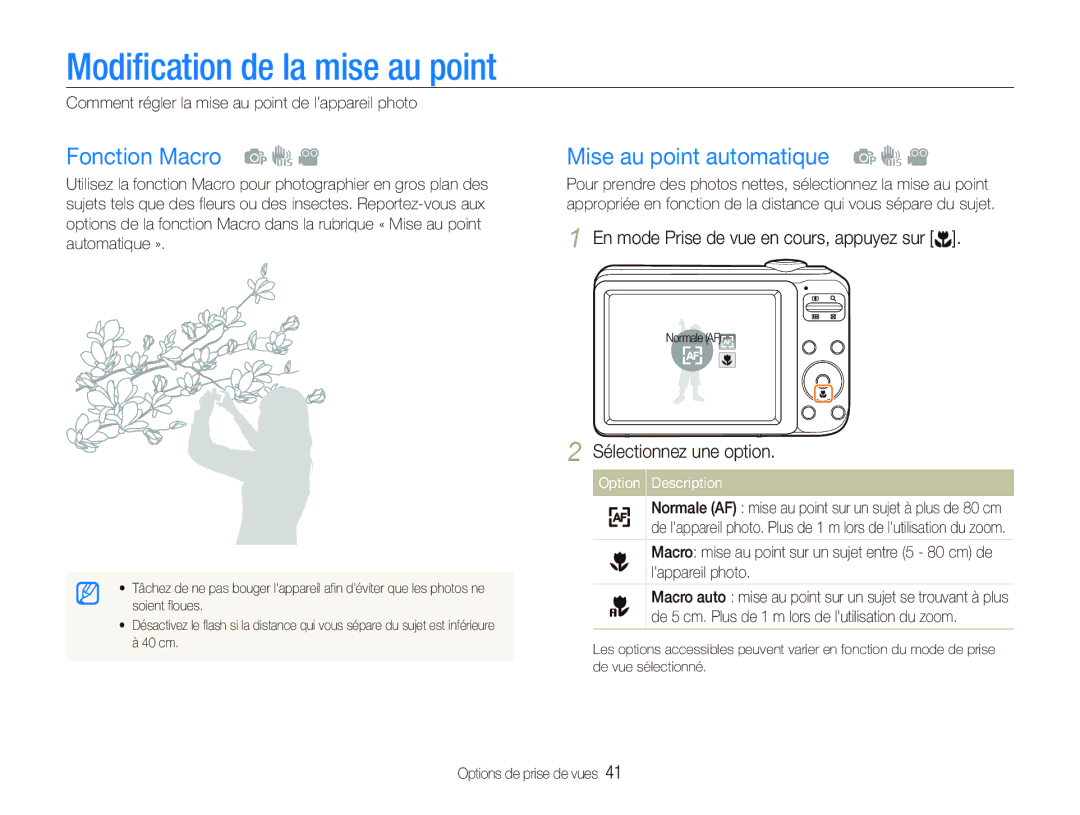 Samsung EC-PL20ZZDPSZA, EC-PL20ZZDPBZA manual Modiﬁcation de la mise au point, Fonction Macro, Mise au point automatique 