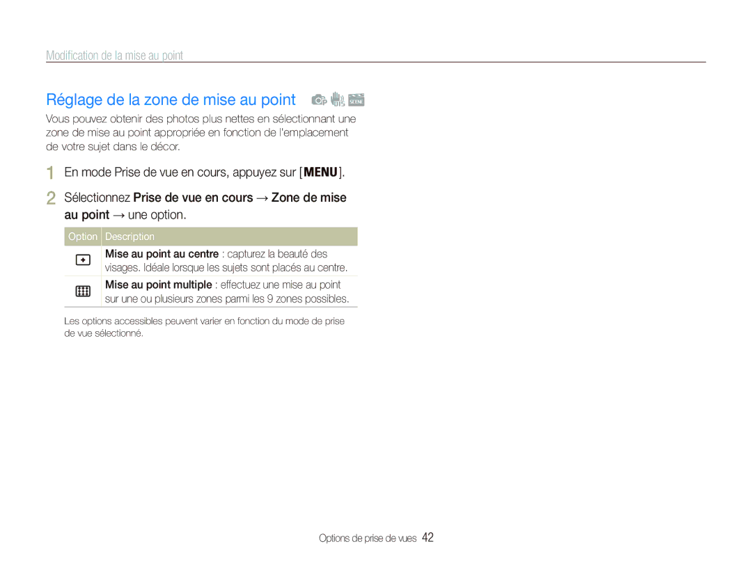 Samsung EC-PL20ZZDPBZA manual Réglage de la zone de mise au point, Modiﬁcation de la mise au point, Au point une option 