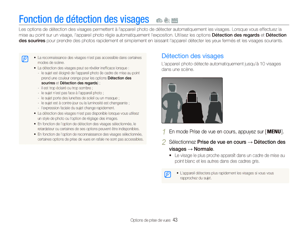 Samsung EC-PL20ZZBPRE1, EC-PL20ZZDPSZA, EC-PL20ZZDPBZA manual Fonction de détection des visages, Détection des visages 