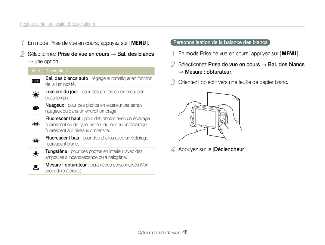 Samsung EC-PL20ZZDPBZA, EC-PL20ZZDPSZA, EC-PL20ZZBPRE1 manual Icône Description, Personnalisation de la balance des blancs 