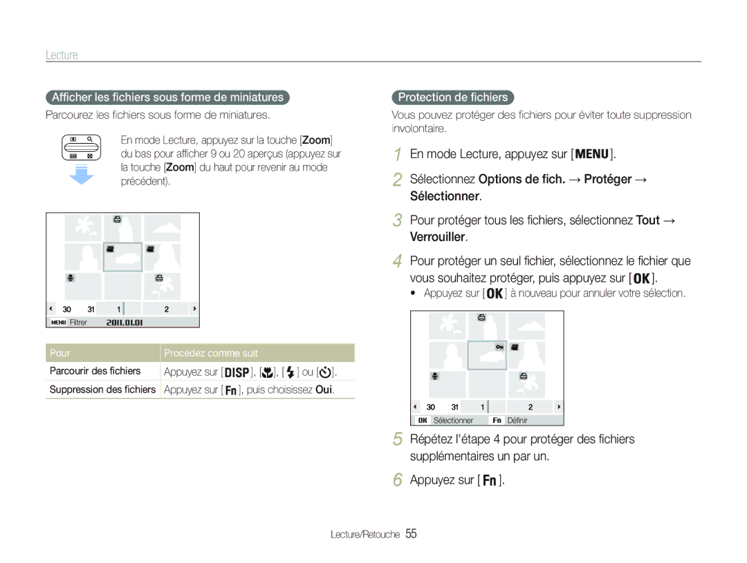 Samsung EC-PL20ZZBPRE1, EC-PL20ZZDPSZA manual Afficher les fichiers sous forme de miniatures, Protection de fichiers, Pour 