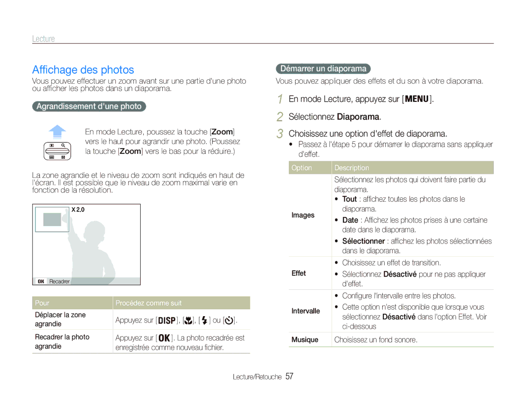 Samsung EC-PL20ZZBPBE1 Affichage des photos, Agrandissement dune photo, Démarrer un diaporama, Pour Procédez comme suit 