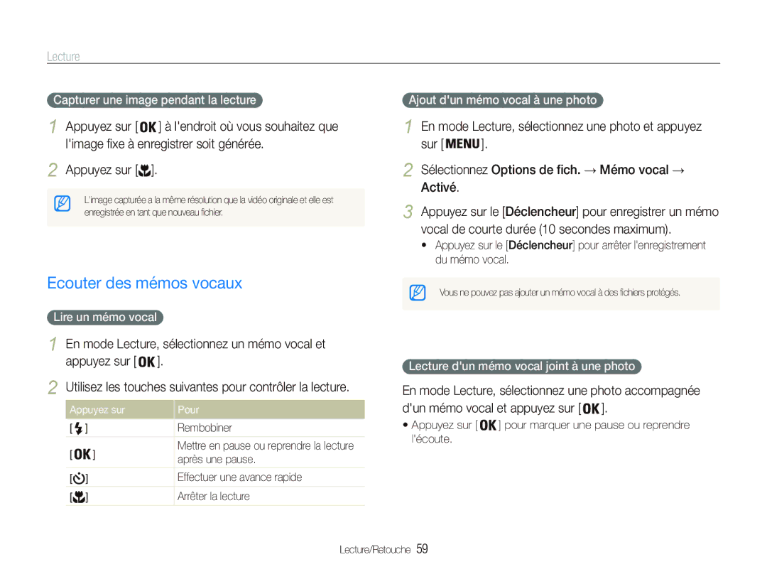 Samsung EC-PL20ZZDPSZA, EC-PL20ZZDPBZA Ecouter des mémos vocaux, Capturer une image pendant la lecture, Lire un mémo vocal 