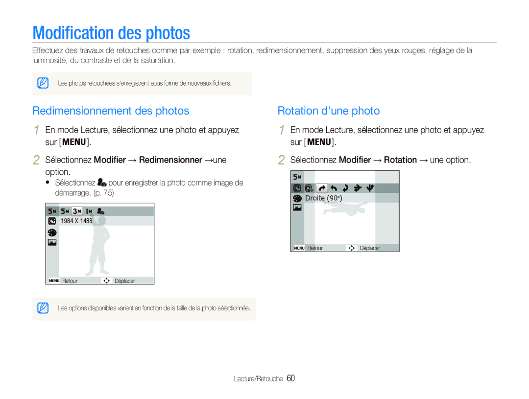 Samsung EC-PL20ZZDPBZA, EC-PL20ZZDPSZA manual Modiﬁcation des photos, Redimensionnement des photos, Rotation dune photo 