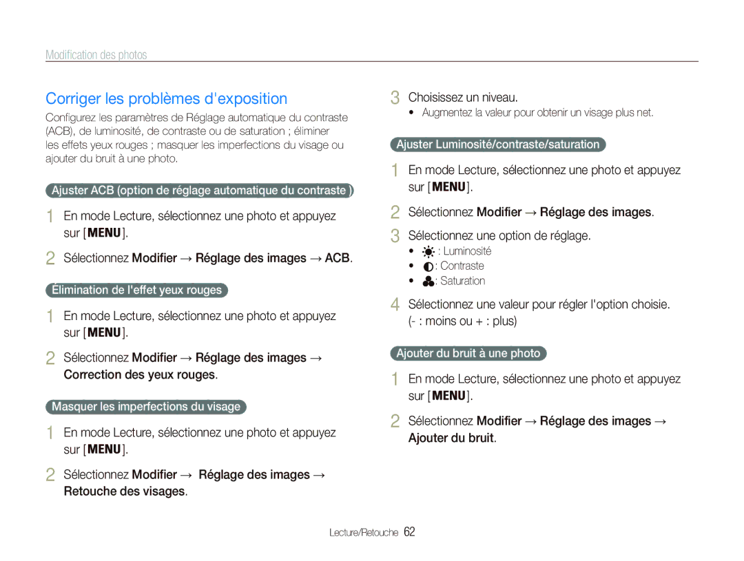 Samsung EC-PL121ZBDBE1 manual Corriger les problèmes dexposition, Sur Sélectionnez Modifier Réglage des images ACB 