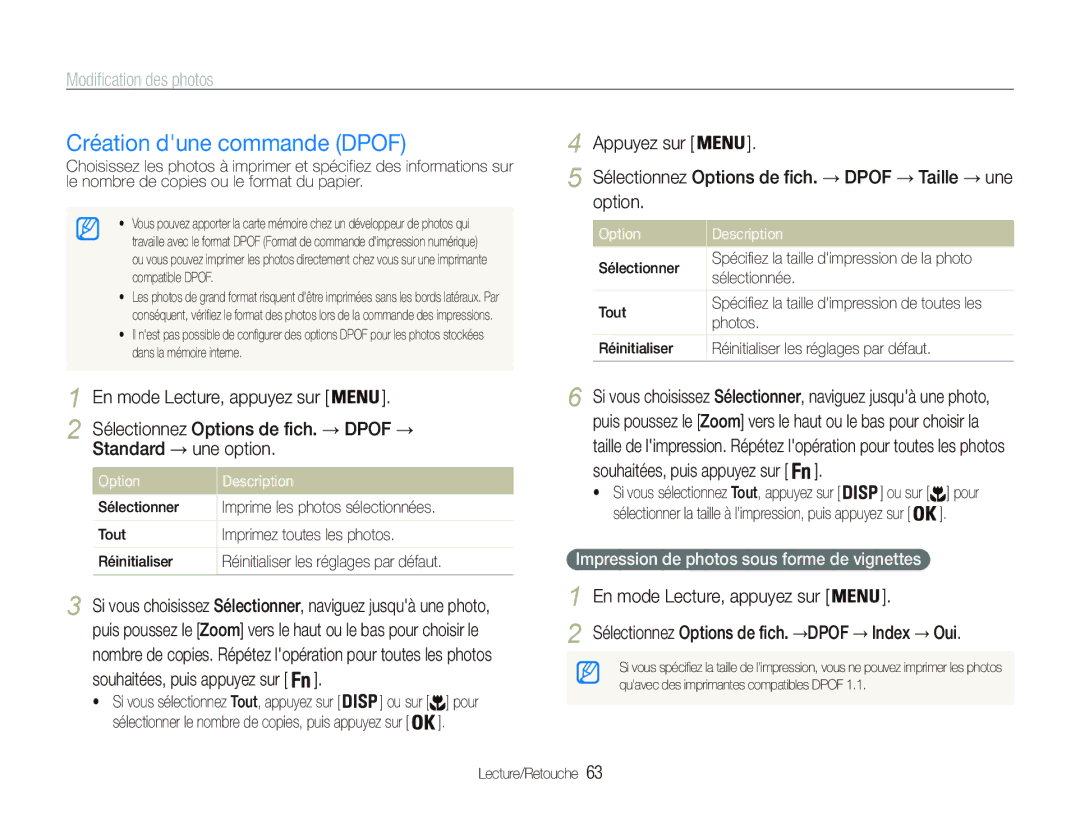 Samsung EC-PL20ZZBPBE1, EC-PL20ZZDPSZA, EC-PL20ZZDPBZA manual Création dune commande Dpof, Standard Une option, Index, Option 