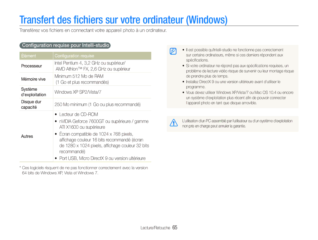 Samsung EC-PL20ZZDPSZA manual Transfert des ﬁchiers sur votre ordinateur Windows, Configuration requise pour Intelli-studio 