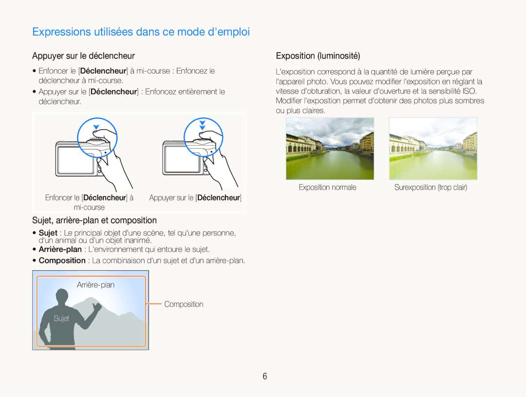 Samsung EC-PL20ZZDPBZA manual Expressions utilisées dans ce mode demploi, Appuyer sur le déclencheur, Exposition luminosité 