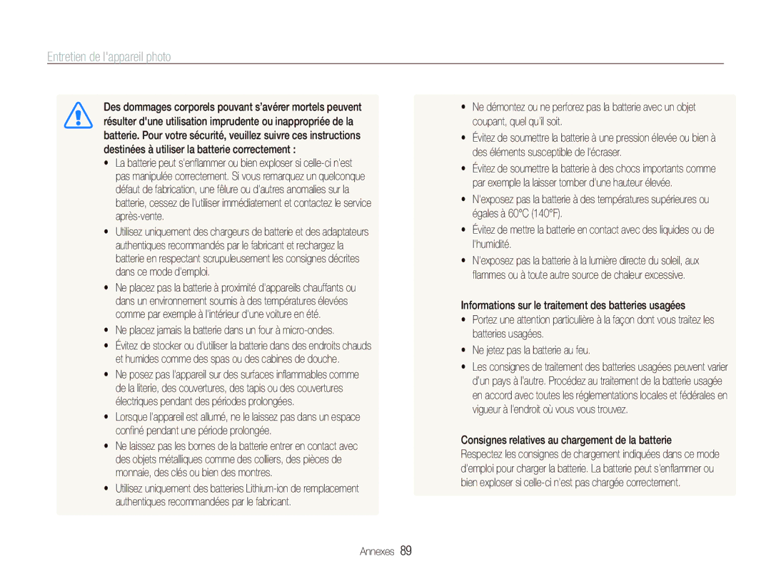 Samsung EC-PL20ZZDPSZA, EC-PL20ZZDPBZA, EC-PL20ZZBPRE1 manual  Ne placez jamais la batterie dans un four à micro-ondes 