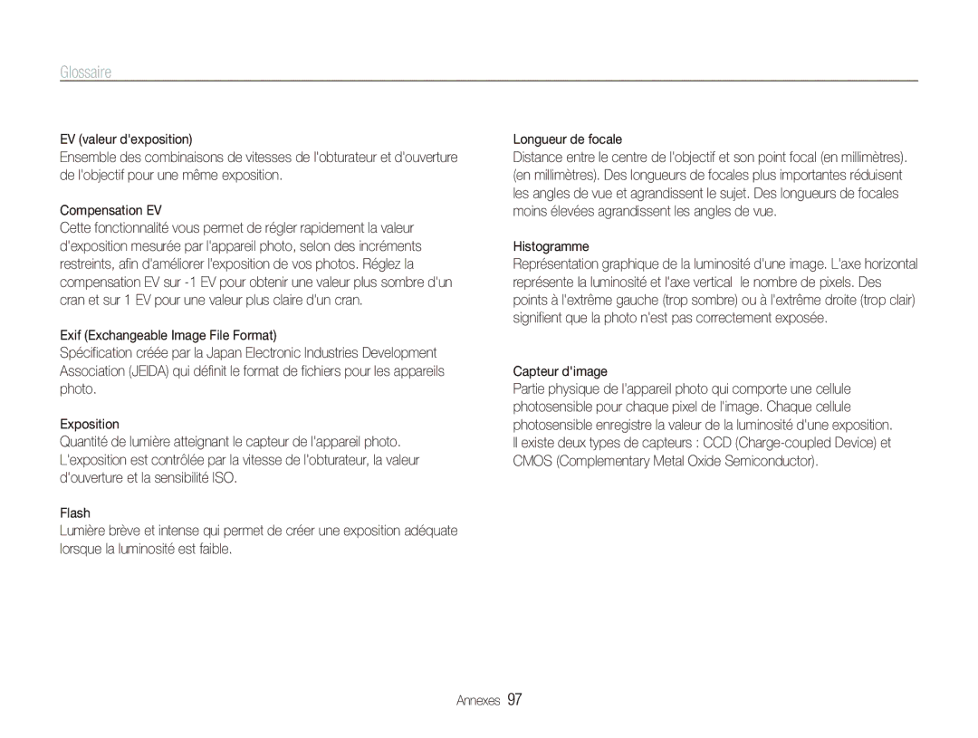 Samsung EC-PL20ZZBPRE1, EC-PL20ZZDPSZA, EC-PL20ZZDPBZA, EC-PL121ZBDBE1, EC-PL20ZZBPBE1 Glossaire, Histogramme, Capteur dimage 