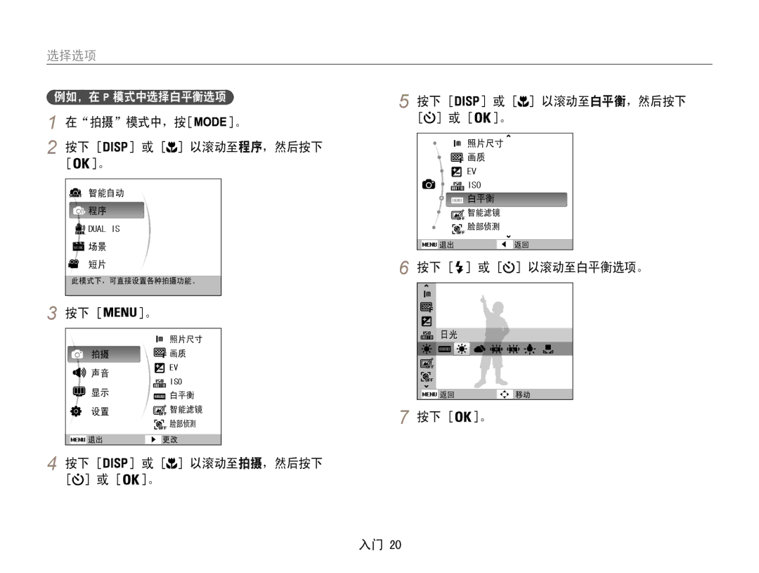 Samsung EC-PL210ZBPBE3 manual 选择选项, 在拍摄模式中，按 以滚动至程序，然后按下, 按下 或 以滚动至拍摄，然后按下 按下 或 以滚动至白平衡，然后按下, 按下 或 以滚动至白平衡选项。 按下 。 