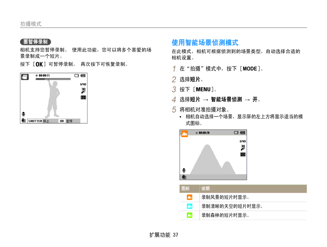 Samsung EC-PL21ZZBPBE2 manual 使用智能场景侦测模式, 拍摄 模式中，按下 选择短片。 按下 。 选择短片 → 智能场景侦测 → 开。 将相机对准拍摄对象。, 录制风景的短片时显示。, 录制清晰的天空的短片时显示。 