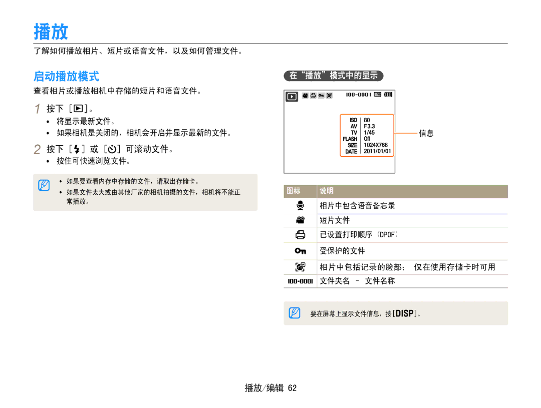 Samsung EC-PL210ZBPBE1, EC-PL210ZBPSE1, EC-PL21ZZBPBE2, EC-PL210ZBPBE3, EC-PL210ZBPSE3 启动播放模式, 按下 或 可滚动文件。, 播放/编辑, 在播放模式中的显示 