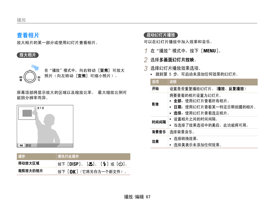 Samsung EC-PL21ZZBPPE2, EC-PL210ZBPBE1, EC-PL210ZBPSE1, EC-PL21ZZBPBE2 manual 查看相片, 在播放模式中，按下 选择多画面幻灯片放映。 选择幻灯片播放效果选项。, 放大相片 