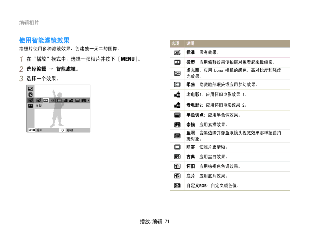 Samsung EC-PL210ZBPBE1, EC-PL210ZBPSE1, EC-PL21ZZBPBE2, EC-PL210ZBPBE3, EC-PL210ZBPSE3 编辑相片, 在播放模式中，选择一张相片并按下, 选择编辑 → 智能滤镜。 