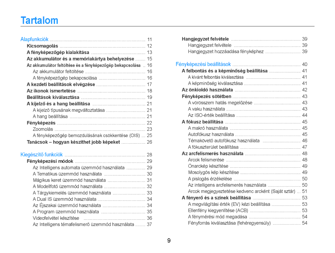 Samsung EC-PL210ZBPSE1, EC-PL210ZBPBE1, EC-PL21ZZBPBE2, EC-PL210ZBPBE3 manual Tartalom, Tanácsok hogyan készíthet jobb képeket 