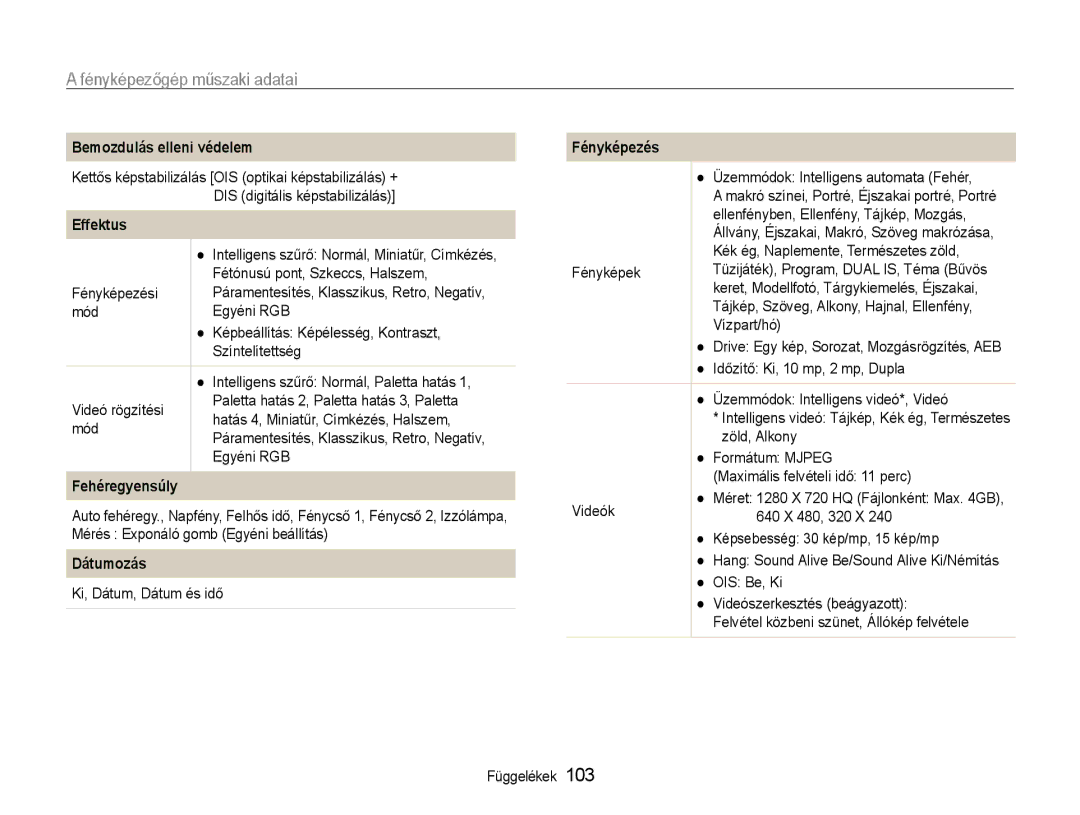 Samsung EC-PL21ZZBPPE2, EC-PL210ZBPBE1, EC-PL210ZBPSE1, EC-PL21ZZBPBE2, EC-PL210ZBPBE3 manual Fényképezőgép műszaki adatai 