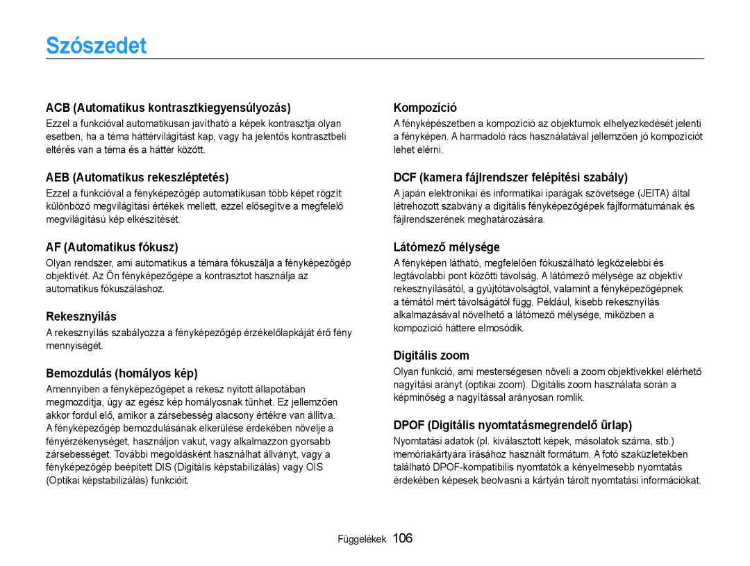 Samsung EC-PL210ZBPBE2, EC-PL210ZBPBE1, EC-PL210ZBPSE1, EC-PL21ZZBPBE2, EC-PL210ZBPBE3, EC-PL210ZBPSE3 manual Szószedet 