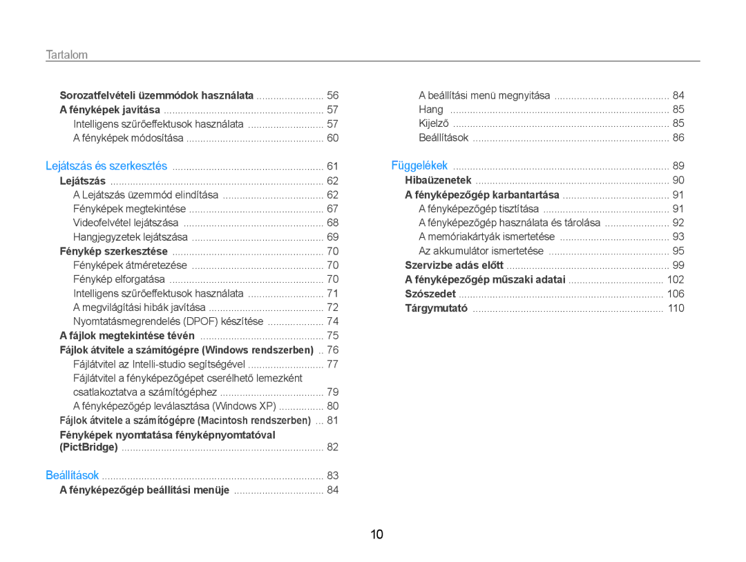 Samsung EC-PL21ZZBPBE2, EC-PL210ZBPBE1, EC-PL210ZBPSE1, EC-PL210ZBPBE3 manual Tartalom, Sorozatfelvételi üzemmódok használata 