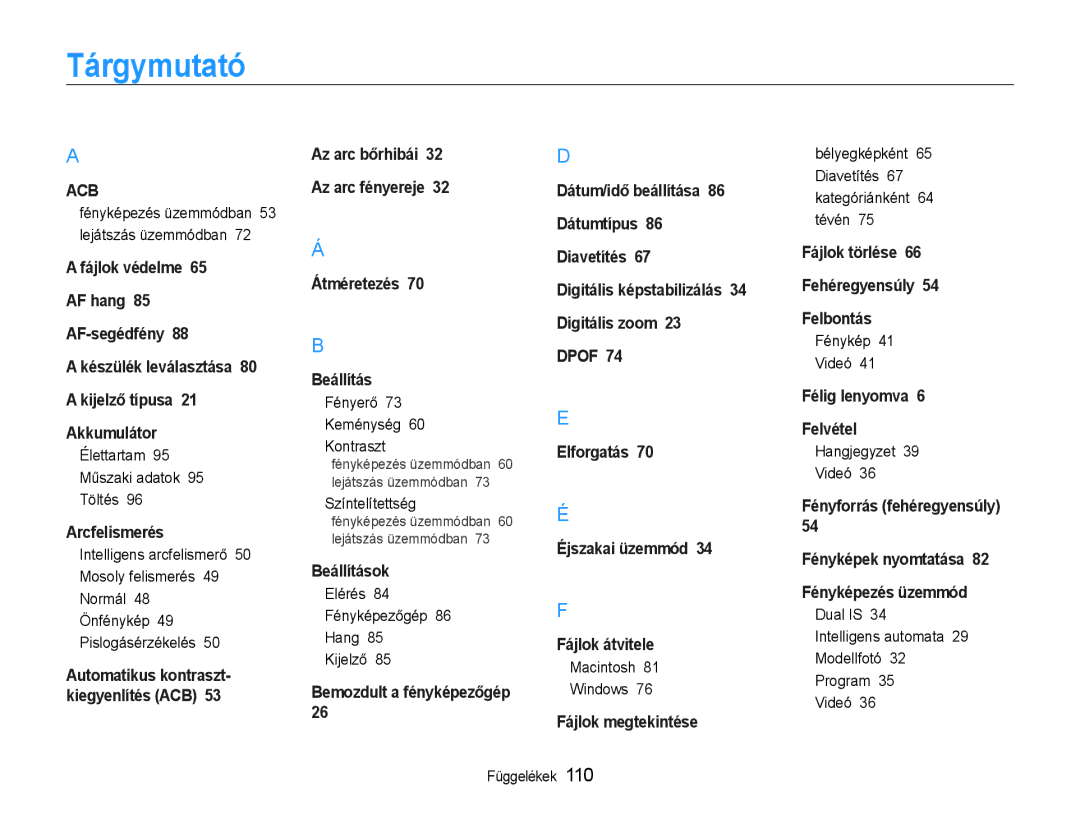 Samsung EC-PL210ZBPBE3, EC-PL210ZBPBE1, EC-PL210ZBPSE1, EC-PL21ZZBPBE2, EC-PL210ZBPSE3, EC-PL21ZZBPPE2 manual Tárgymutató 