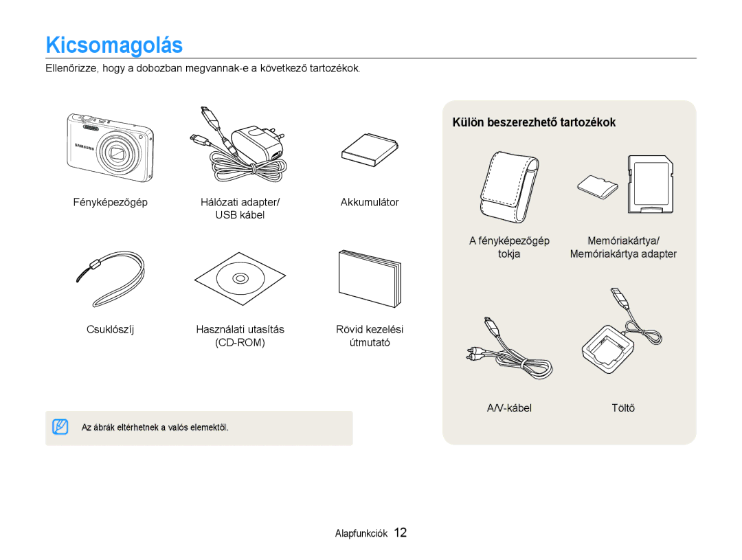 Samsung EC-PL210ZBPSE3, EC-PL210ZBPBE1, EC-PL210ZBPSE1, EC-PL21ZZBPBE2 manual Kicsomagolás, Külön beszerezhető tartozékok 